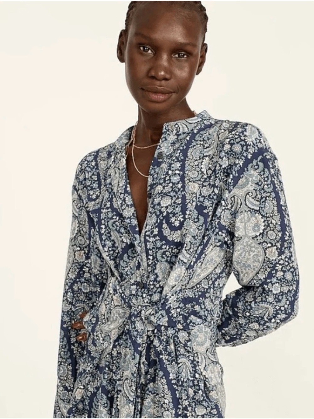 J. Crew Tie-front Silk Shirtdress in Oversized Paisley Blue Size 6
